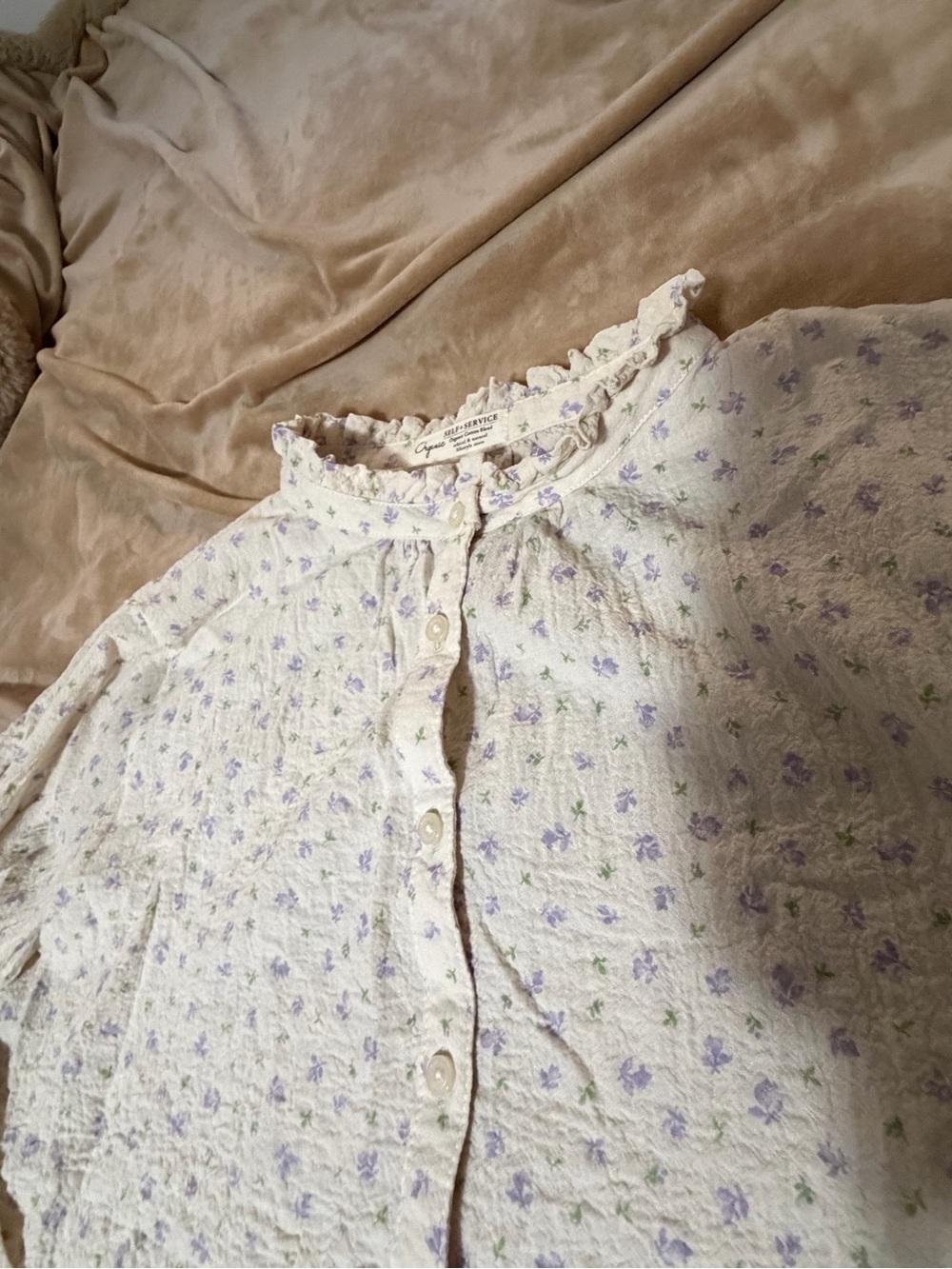 Self + Service Organic Cotton Cream Lavender Floral Blouse CottageCore Large - Picture 2 of 4